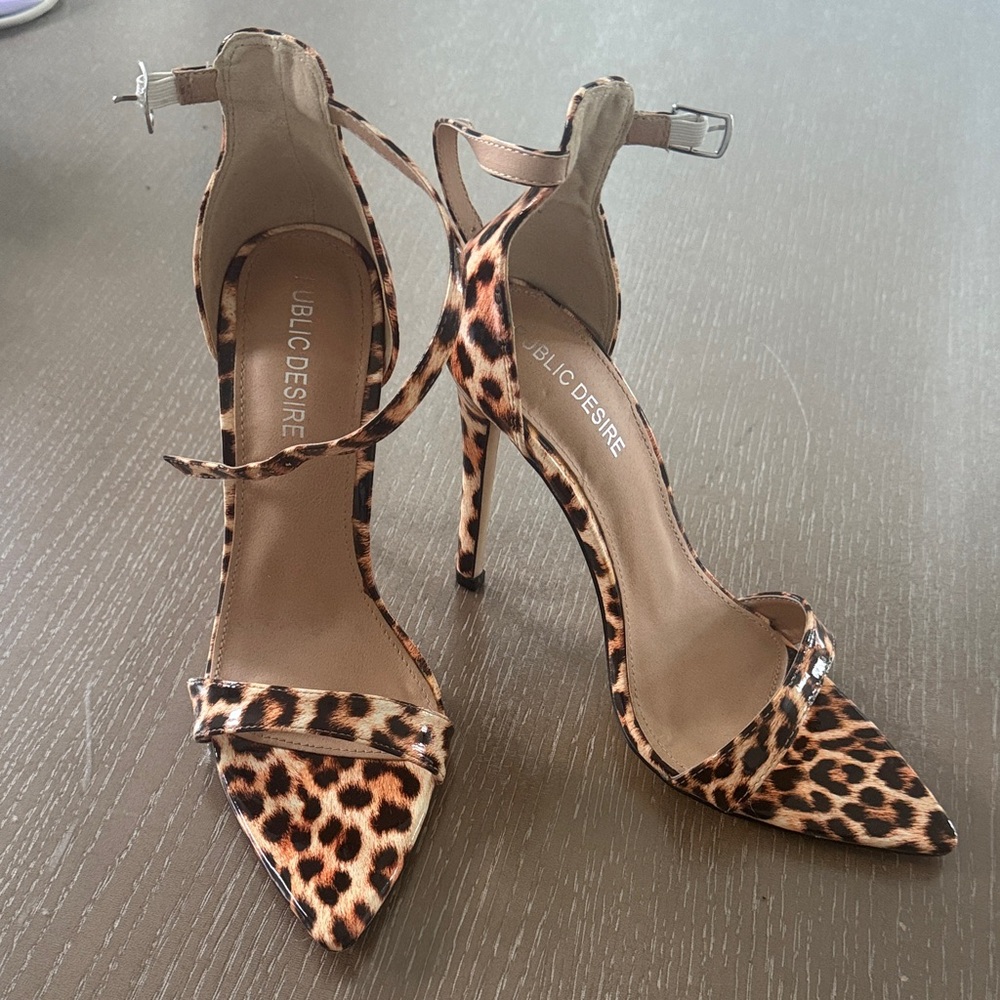 Public Desire Leopard Print Ankle Strap Stiletto Heels - Brown/Black